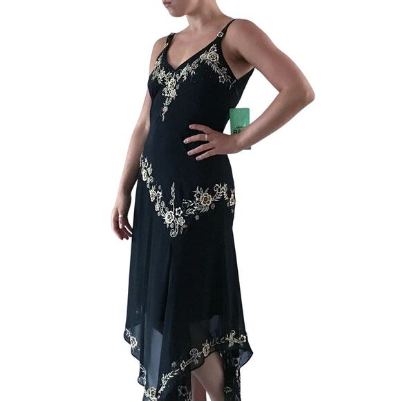 R&M Richards Women's Black Floral Embroidery Asymmetric sequinDress Size 14 - Picture 2 of 15